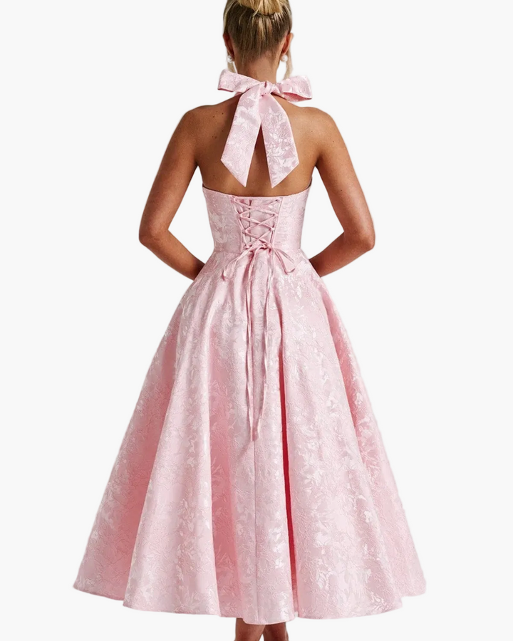 Penelope | Elegant White Halter Midi Dress With Flared Skirt