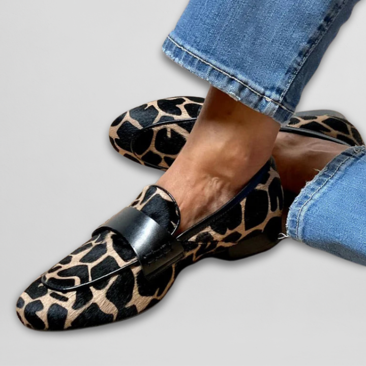 Elyse | Stylish Leopard Print Loafers With Black Leather Strap
