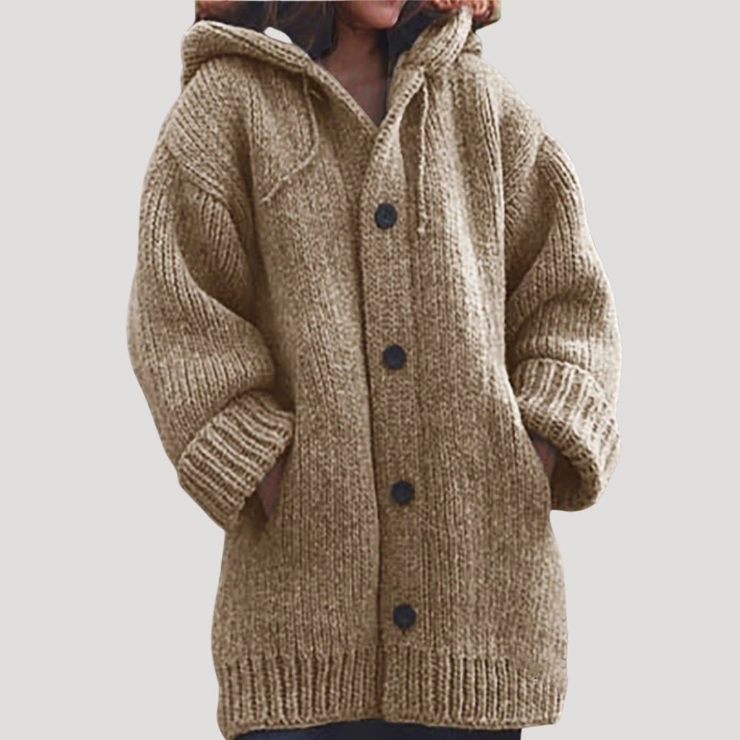 Evelyn | Stylish Chunky Knit Hooded Long Cardigan With Button Front