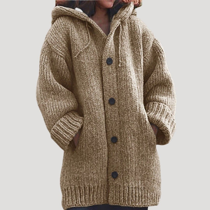 Evelyn | Stylish Chunky Knit Hooded Long Cardigan With Button Front