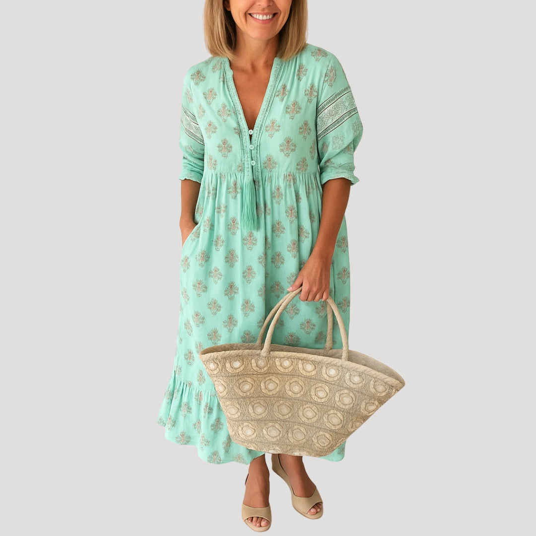 Naomi | Boho V-Neck Tiered Midi Dress With Tassel Details