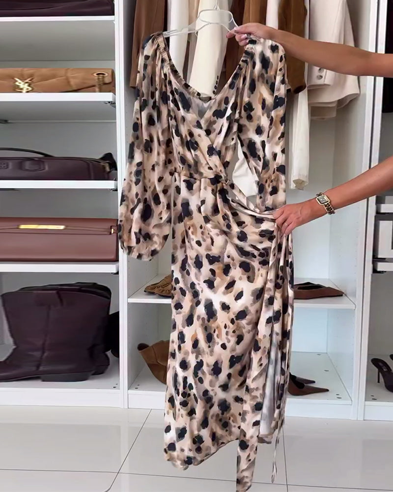 Margot | Chic Leopard Print V-Neck Puff Sleeve Maxi Dress