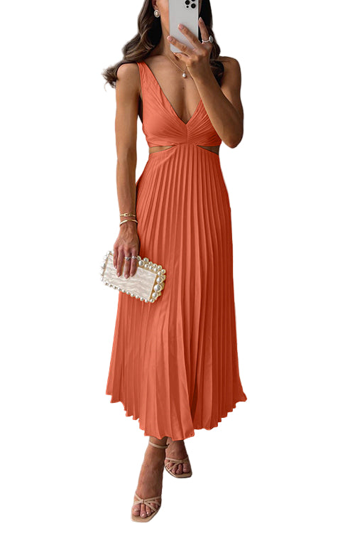 Delphine | Elegant V-Neck Pleated Midi Dress With Cutout Waist Detail