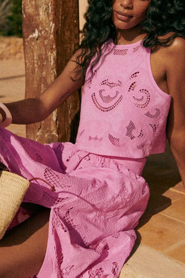 Elyse | Elegant Pink Lace Halter Two-Piece Set With Maxi Skirt