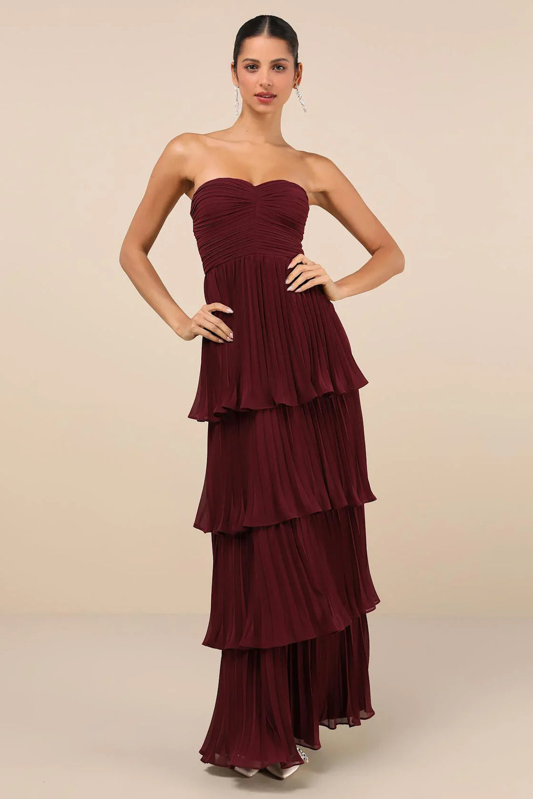 Adrienne | Elegant Burgundy Strapless Tiered Maxi Dress