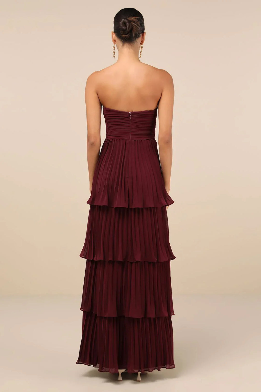 Adrienne | Elegant Burgundy Strapless Tiered Maxi Dress