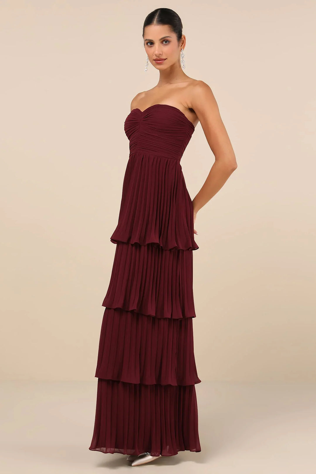 Adrienne | Elegant Burgundy Strapless Tiered Maxi Dress