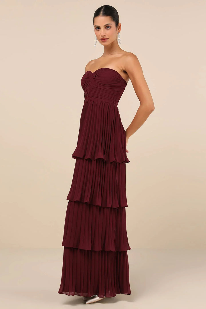 Adrienne | Elegant Burgundy Strapless Tiered Maxi Dress