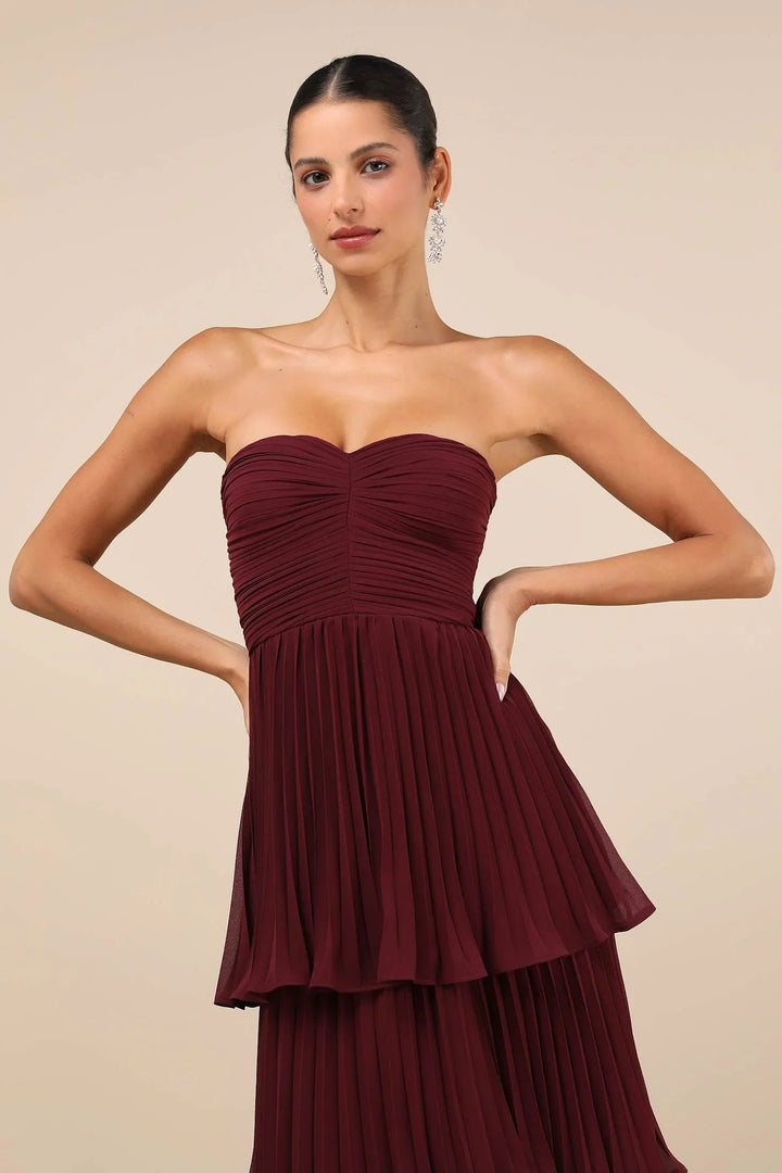 Adrienne | Elegant Burgundy Strapless Tiered Maxi Dress