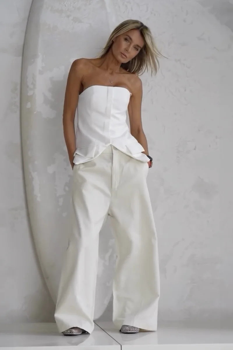 Petra | Elegant Strapless Corset Top Wide Leg Pants Two Piece Set