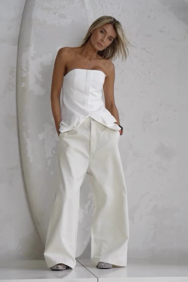 Petra | Elegant Strapless Corset Top Wide Leg Pants Two Piece Set