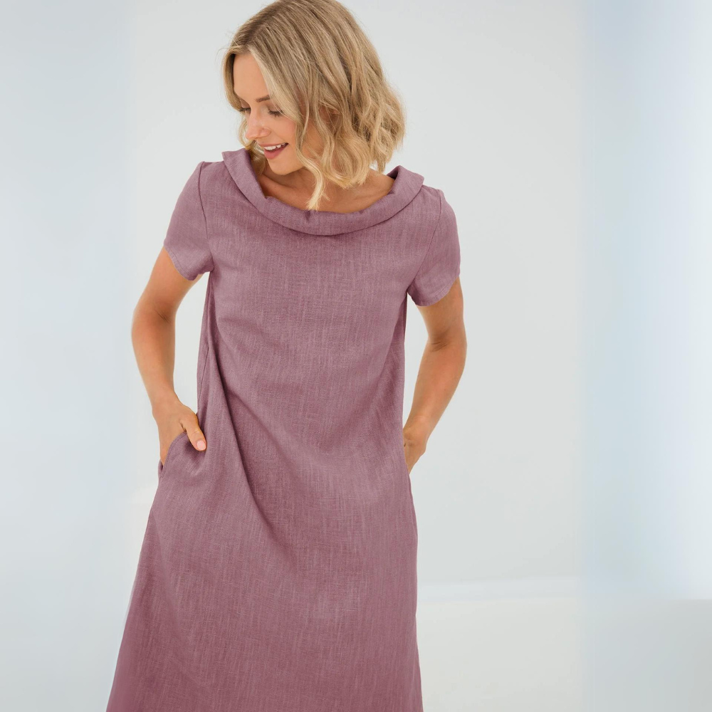 Sofia | Elegant Cowl Neck Short Sleeve Linen Midi Dress