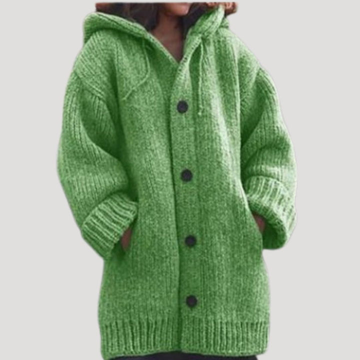 Evelyn | Stylish Chunky Knit Hooded Long Cardigan With Button Front