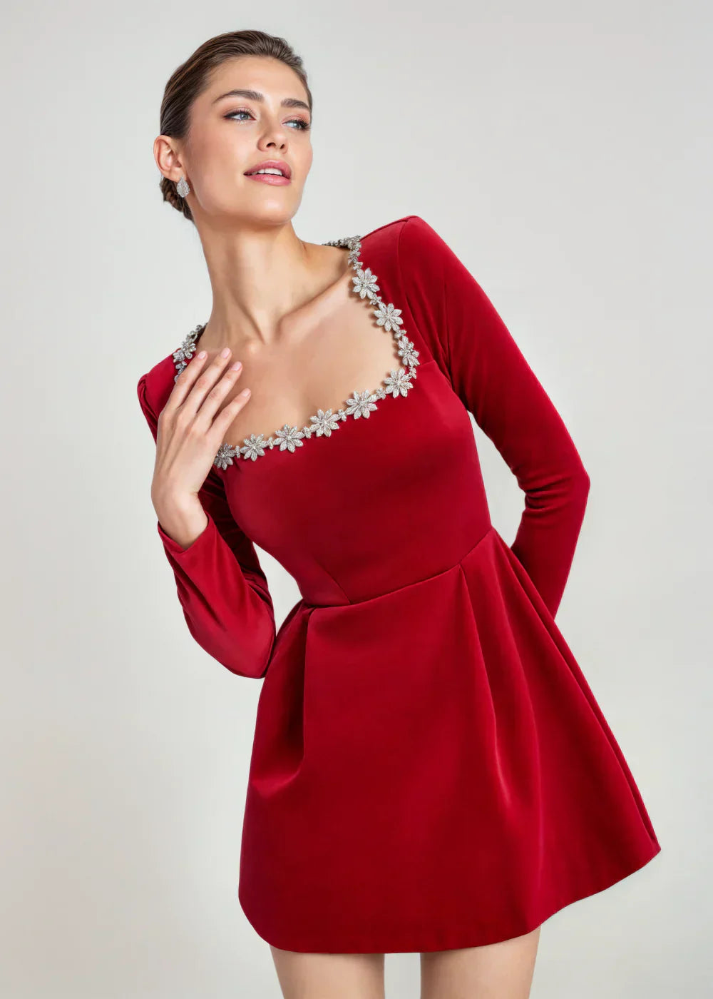 Blythe | Elegant Square Neck Velvet Mini Dress With Long Sleeves