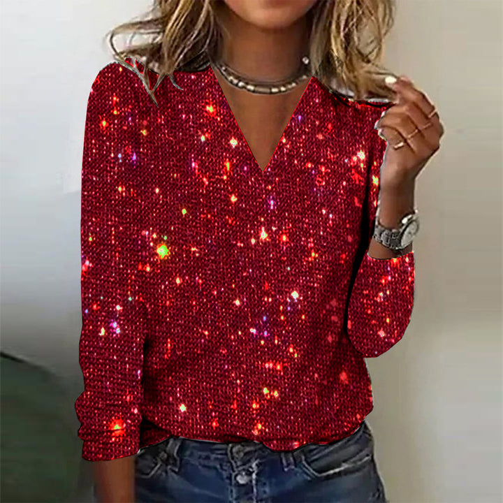 Victoria | Elegant Sparkle V-Neck Long Sleeve Blouse
