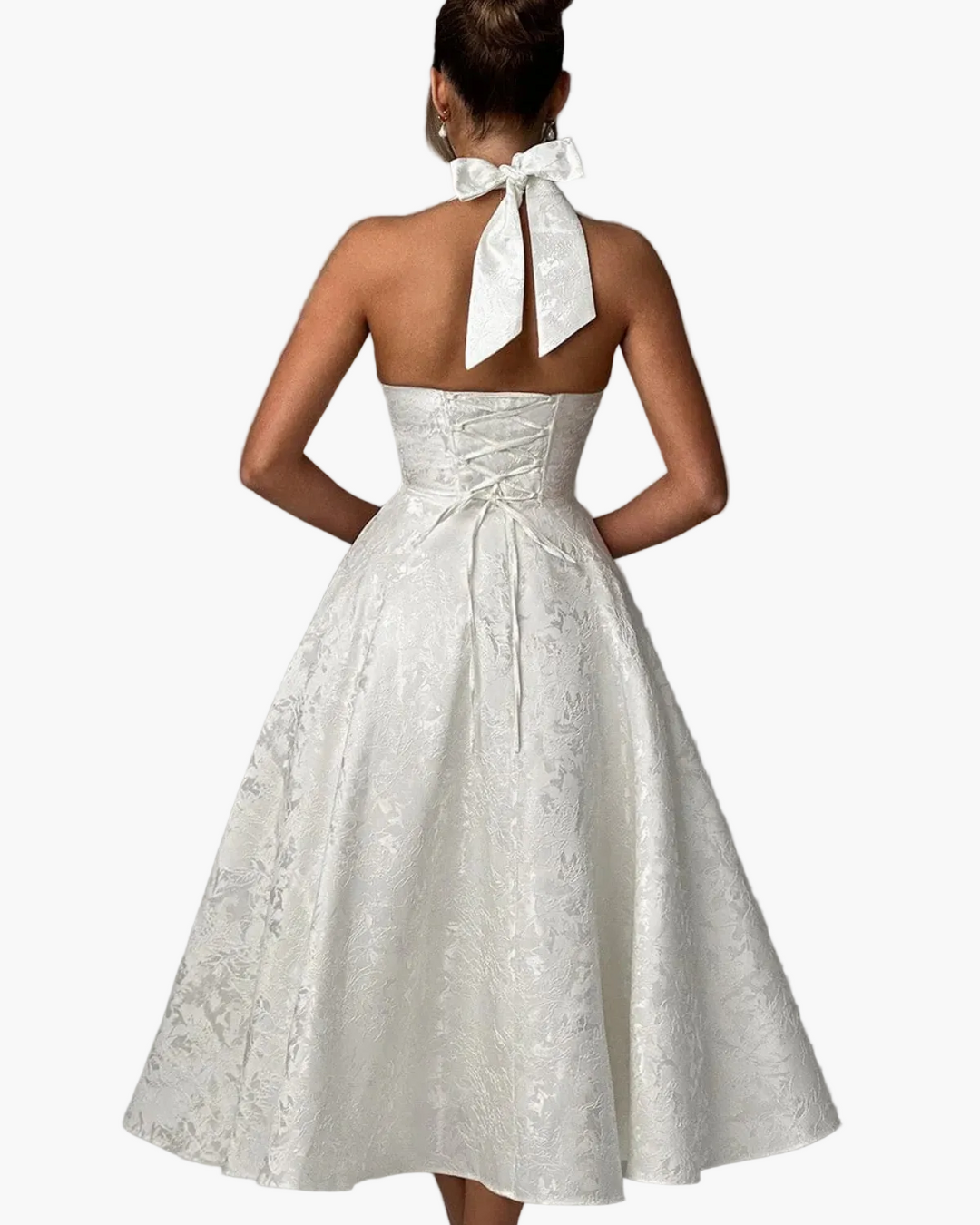Penelope | Elegant White Halter Midi Dress With Flared Skirt