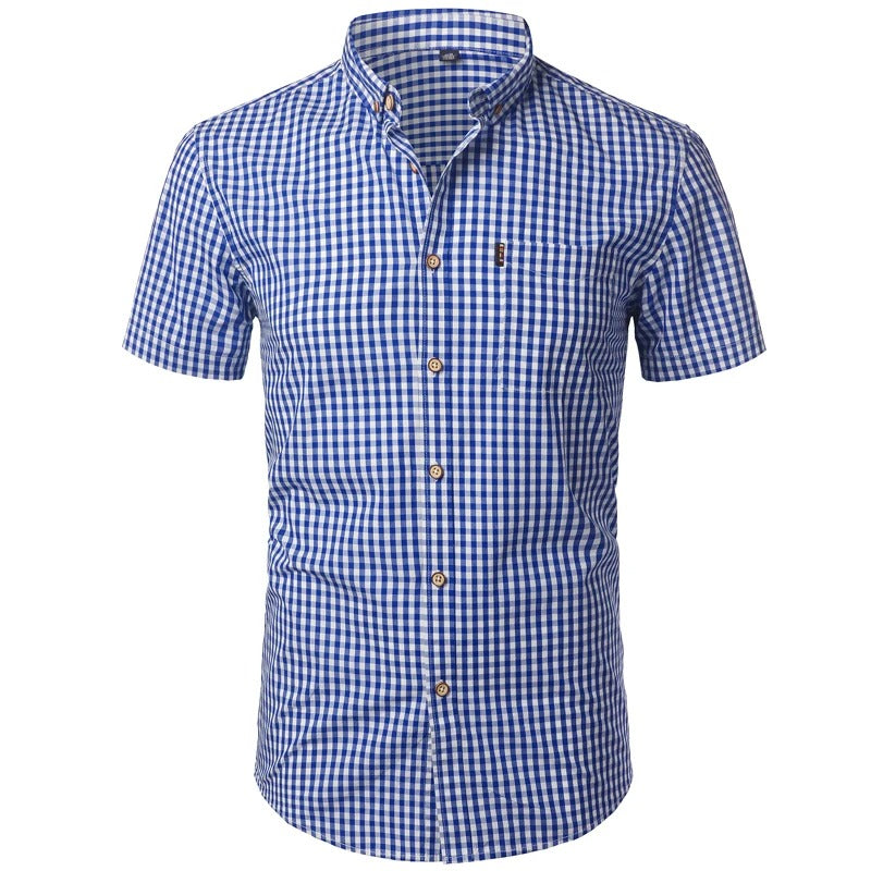 Imogen | Stylish Light Blue Gingham Short Sleeve Button-Down Shirt