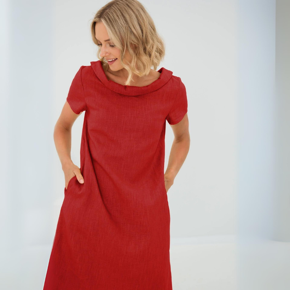 Sofia | Elegant Cowl Neck Short Sleeve Linen Midi Dress
