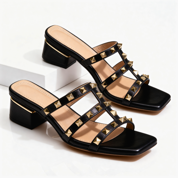 Odette | Chic Studded Block Heel Sandals With Square Toe