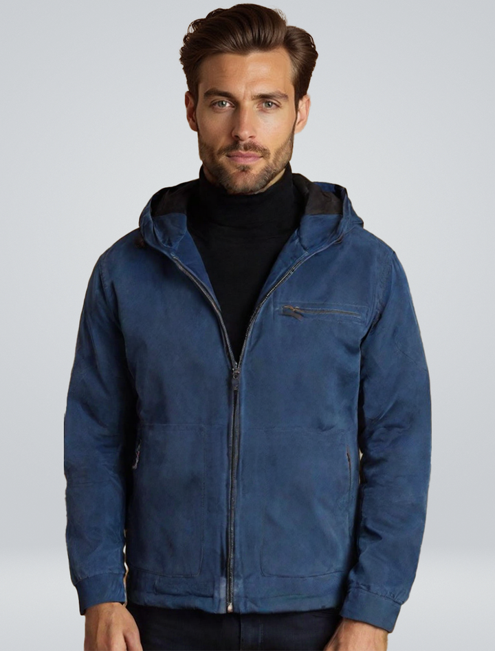 Ethan | Stylish Navy Blue Hooded Zip Up Jacket Men