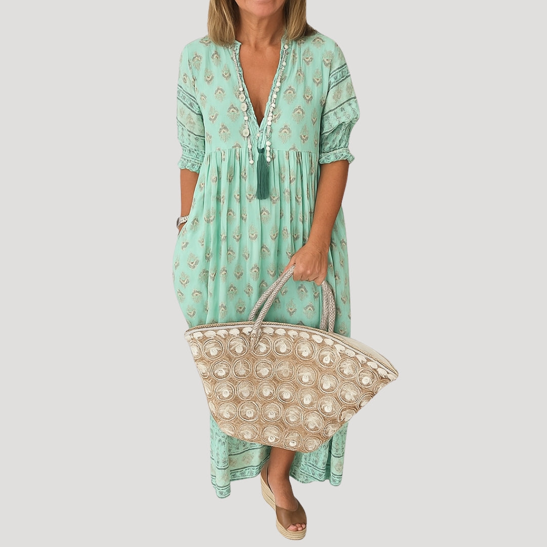 Eliana | Boho V-Neck Tiered Midi Dress With Tassels