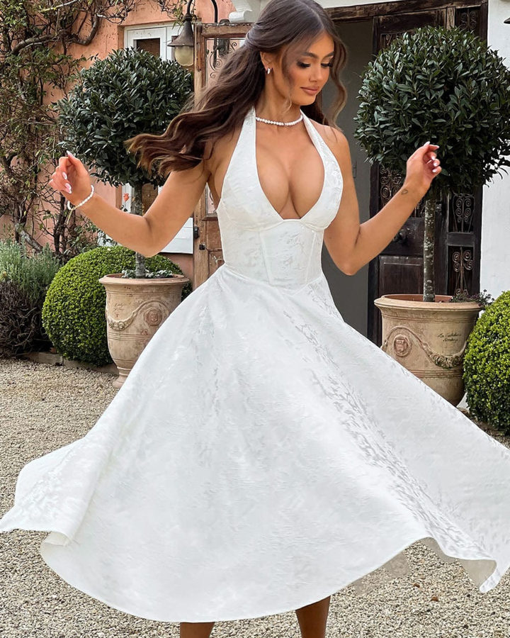 Penelope | Elegant White Halter Midi Dress With Flared Skirt