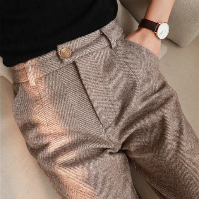 Rosalynn | Elegant Herringbone Wool Pleated Dress Trousers For Men