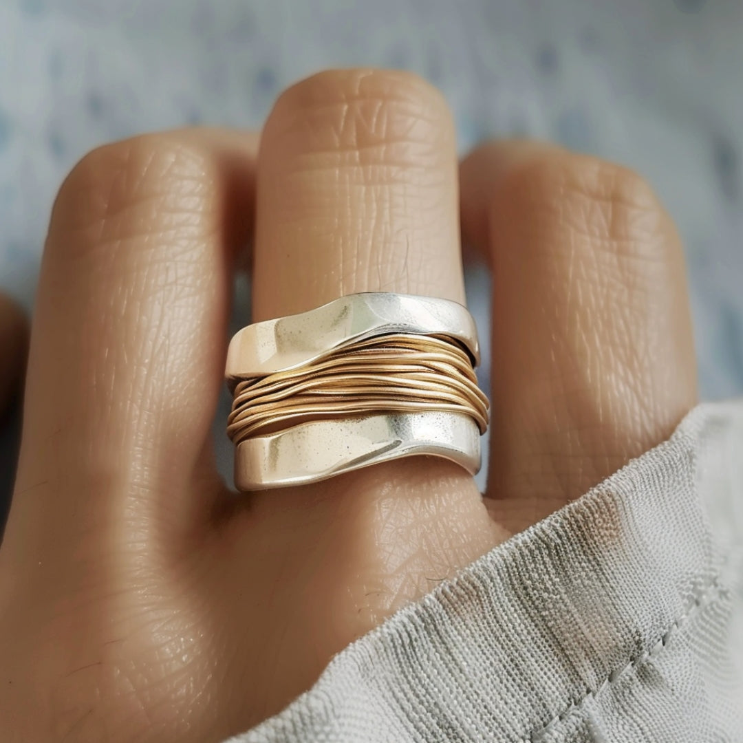 Willow | Sculptural Two-Tone Wave Ring With Wrapped Gold Detail