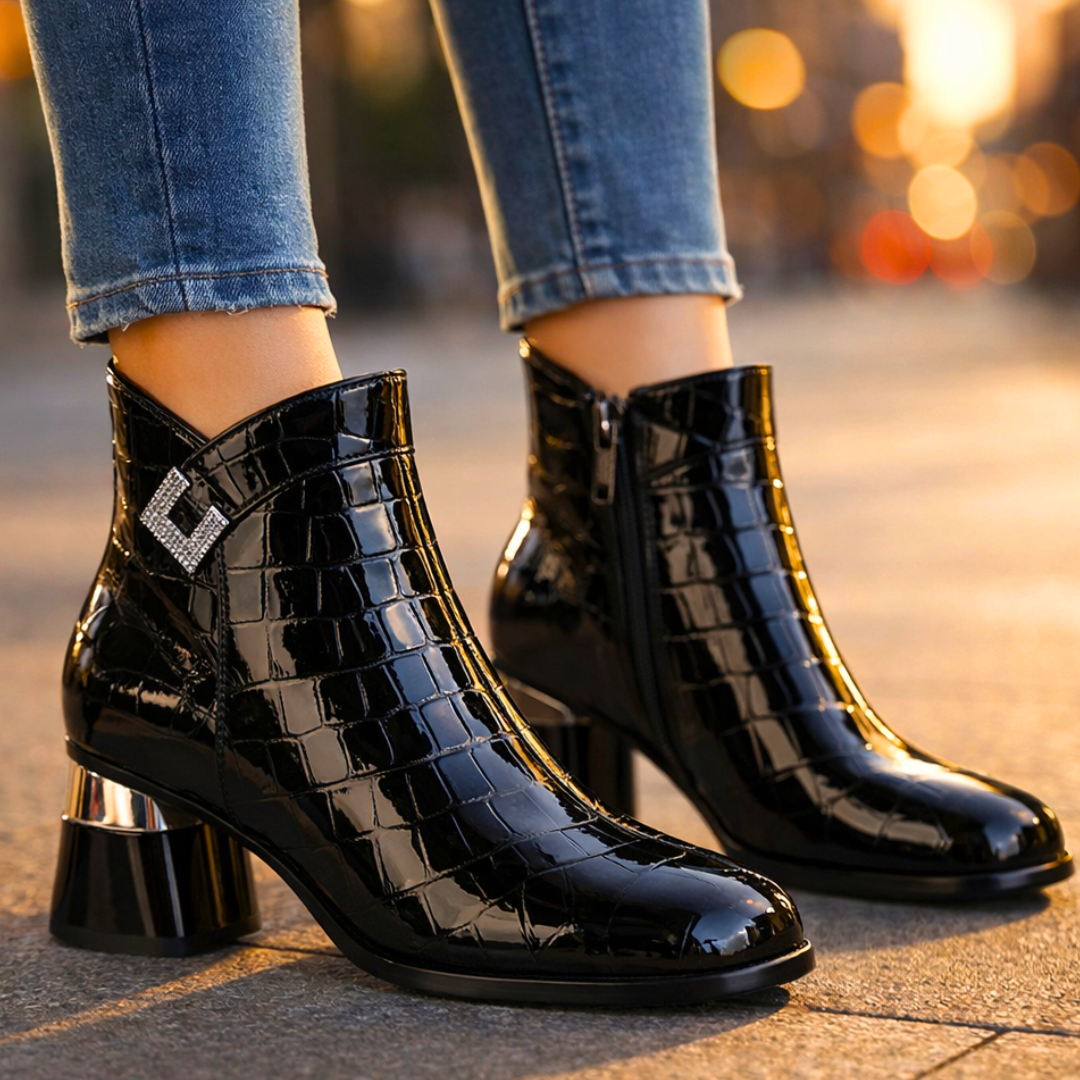 Luna | Chic Croc-Embossed Block Heel Ankle Boots