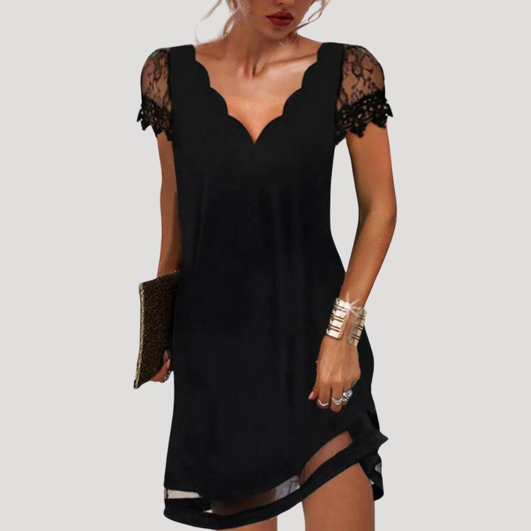 Zoe | Elegant Black V-Neck Mini Dress With Lace Sleeves