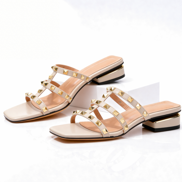 Odette | Chic Studded Block Heel Sandals With Square Toe