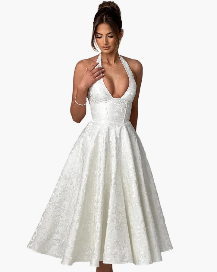 Penelope | Elegant White Halter Midi Dress With Flared Skirt