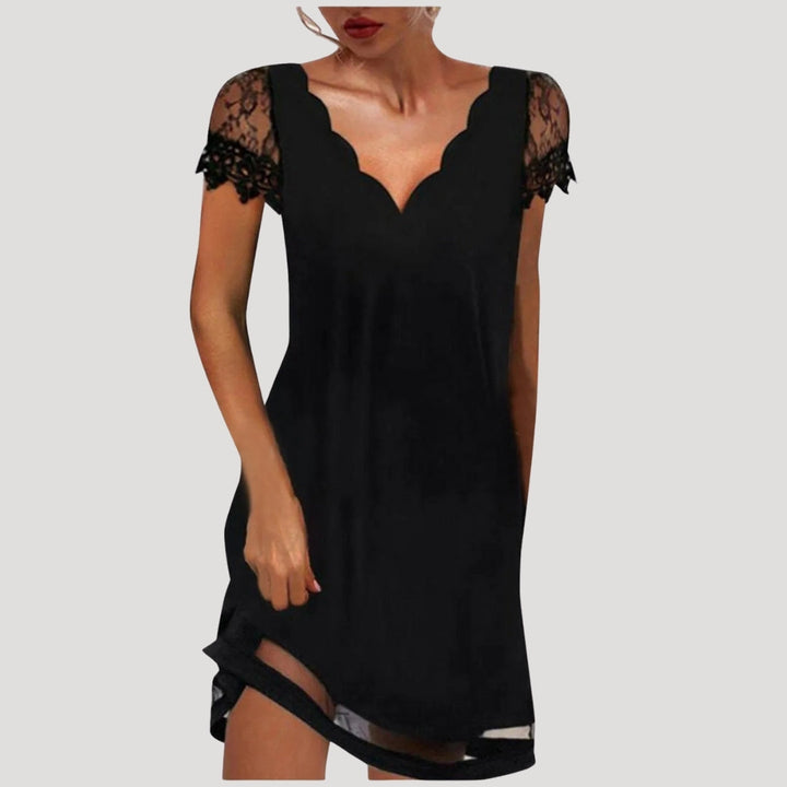 Zoe | Elegant Black V-Neck Mini Dress With Lace Sleeves