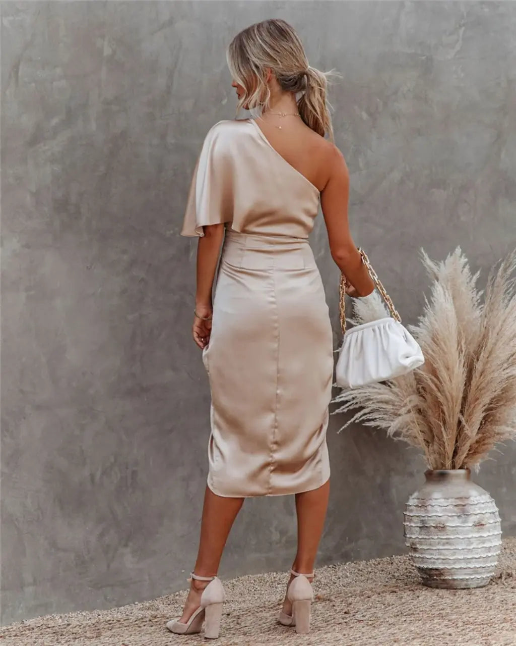 Cortney | Elegant One Shoulder Ruched Midi Dress