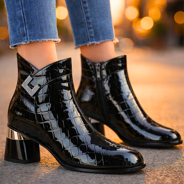 Luna | Chic Croc-Embossed Block Heel Ankle Boots