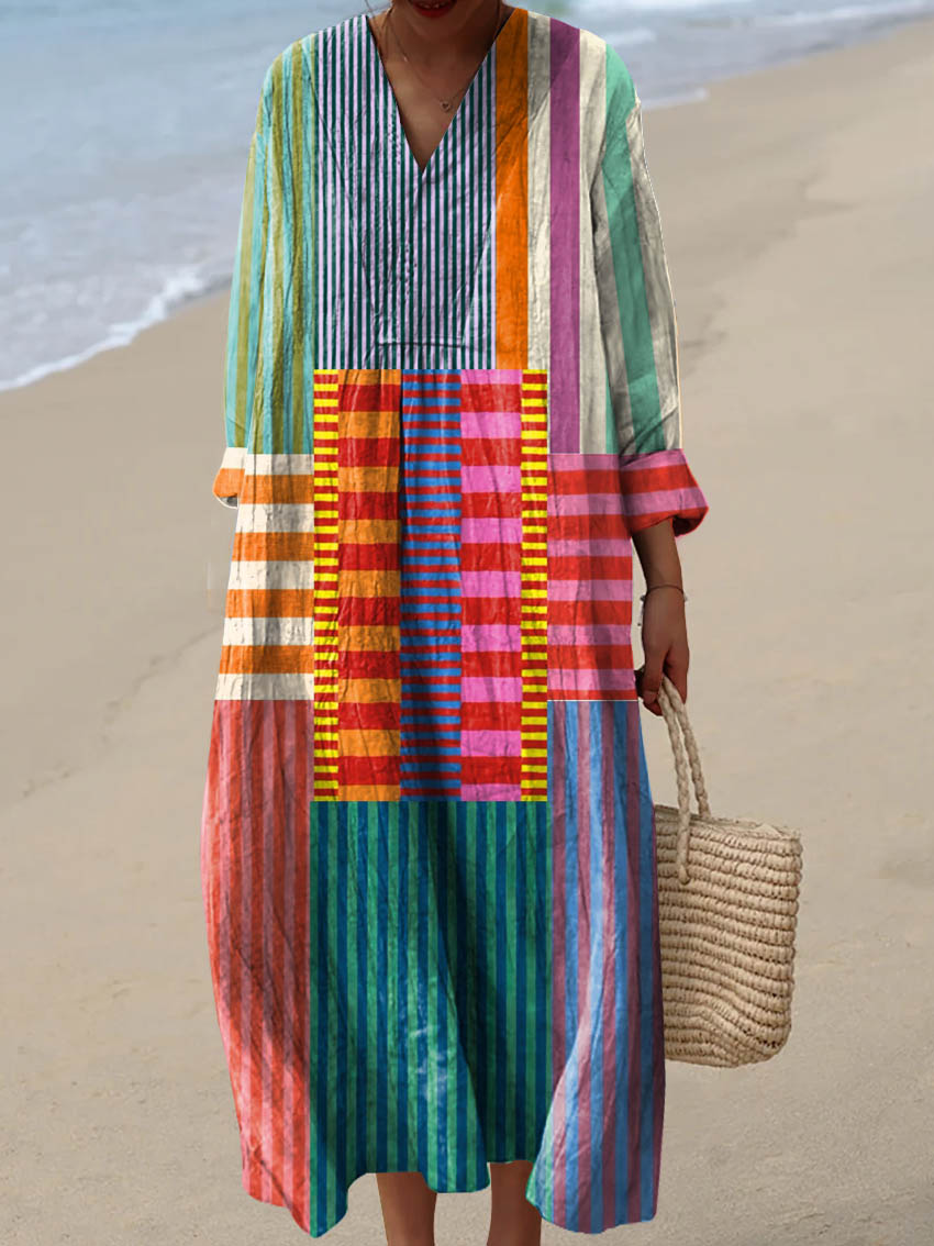 Elyse | Boho Patchwork V-Neck Maxi Dress With Long Sleeves