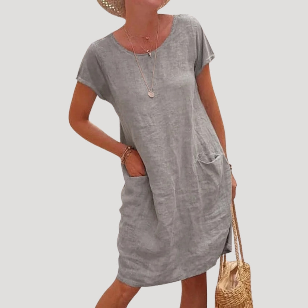 Cordelia | Casual Cotton Midi Dress With Pockets Short Sleeve