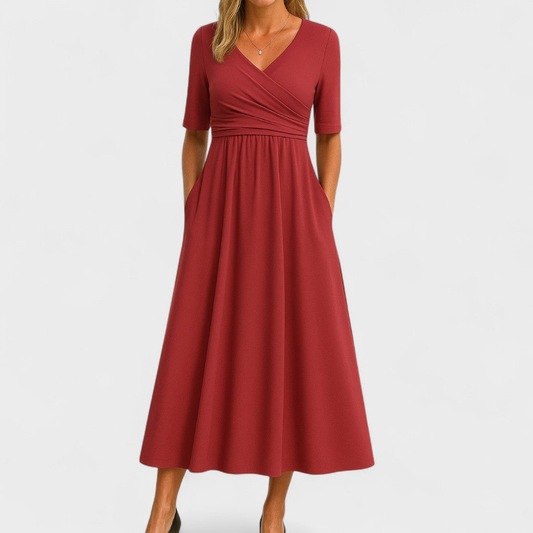 Brianna | Elegant V-Neck Wrap Midi Dress With Pockets