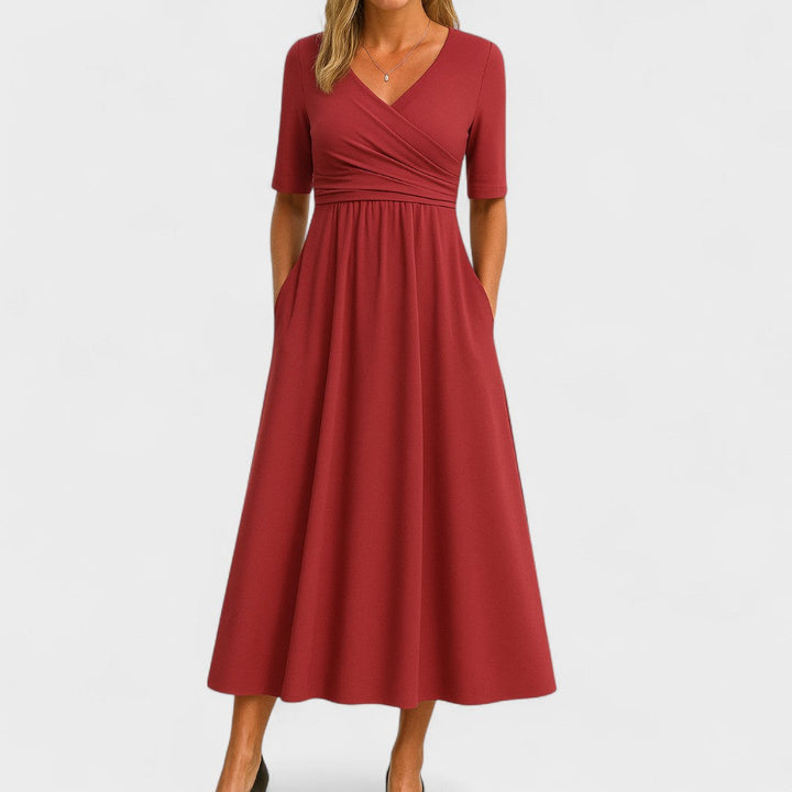 Brianna | Elegant V-Neck Wrap Midi Dress With Pockets