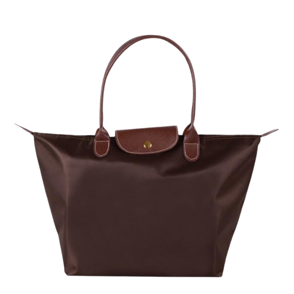 Allegra | Chic Black Tote Bag With Brown Leather Trim