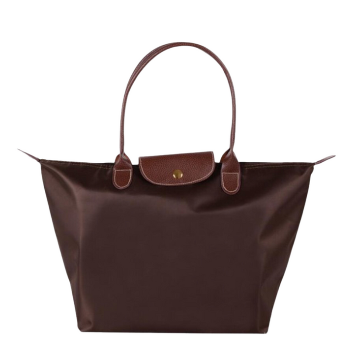 Allegra | Chic Black Tote Bag With Brown Leather Trim