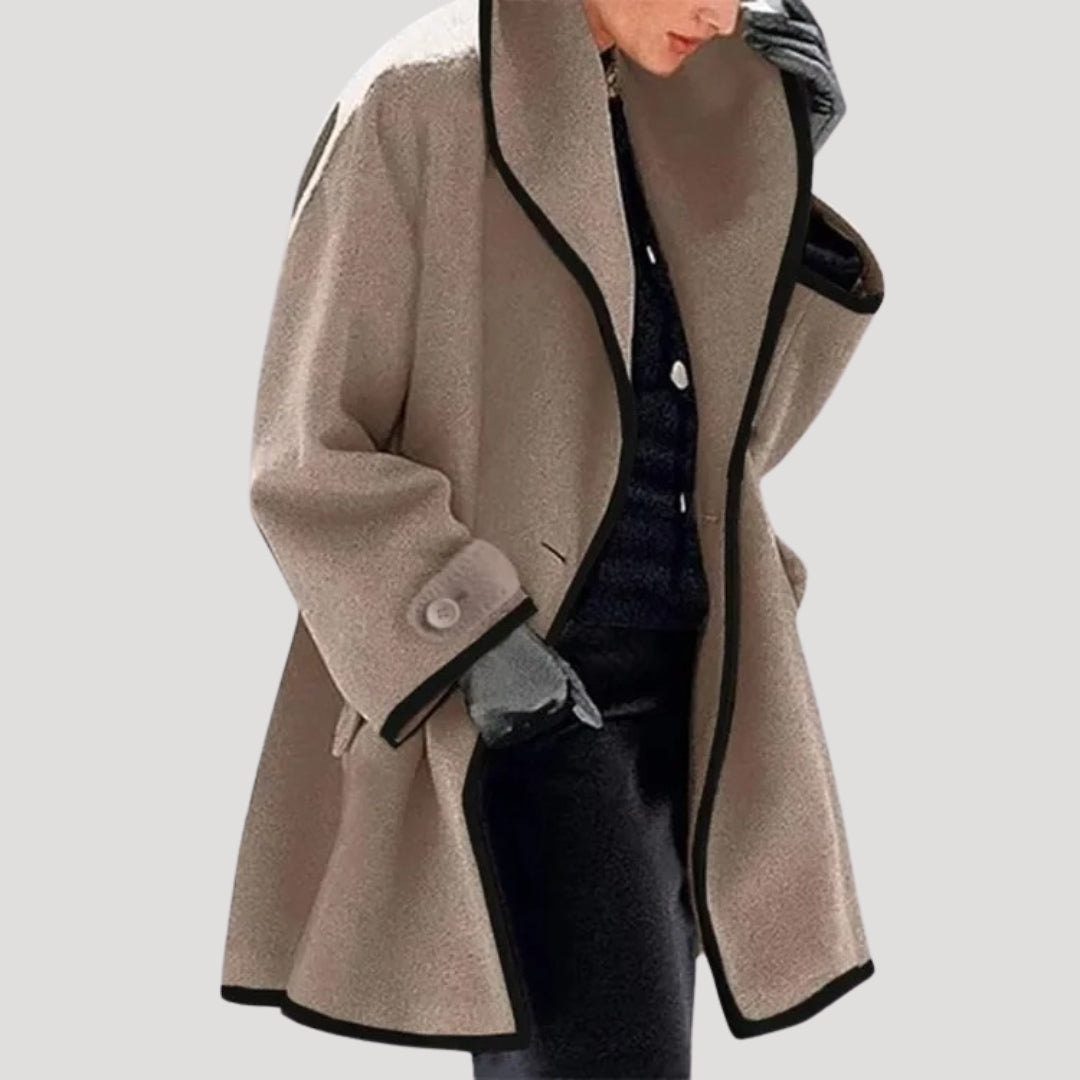 Quinn | Elegant Open Front Wool Blend Cape Coat With Contrast Trim
