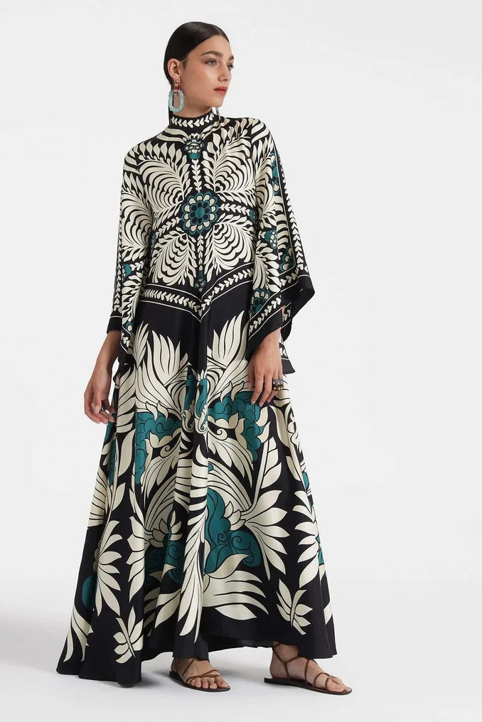 Serenity | Elegant High Neck Floral Print Maxi Dress With Sleeves