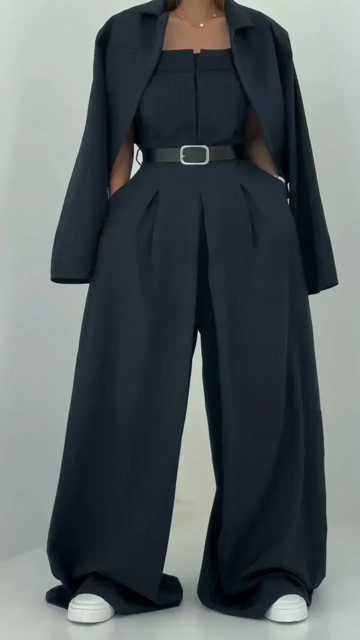 Beatrice | Elegant Square Neck Bustier Set With Wide Leg Trousers