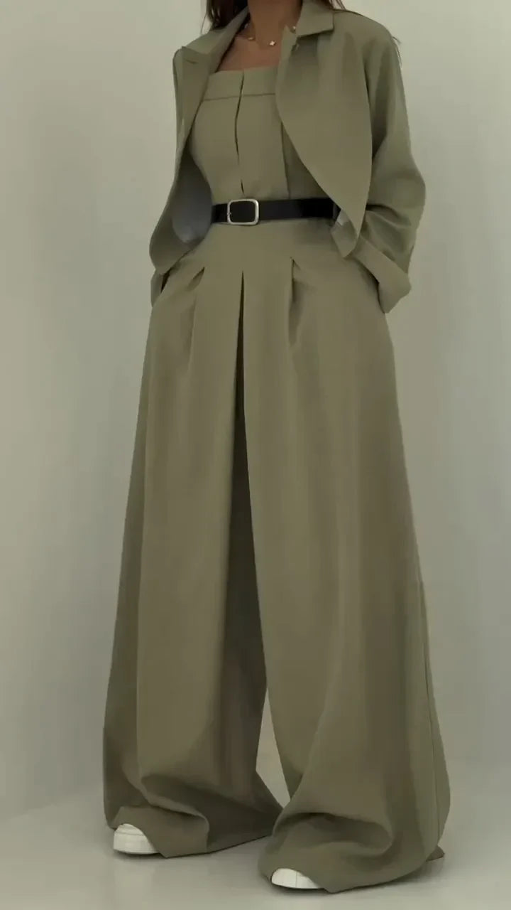 Beatrice | Elegant Square Neck Bustier Set With Wide Leg Trousers