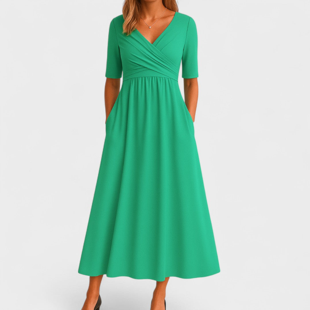Brianna | Elegant V-Neck Wrap Midi Dress With Pockets