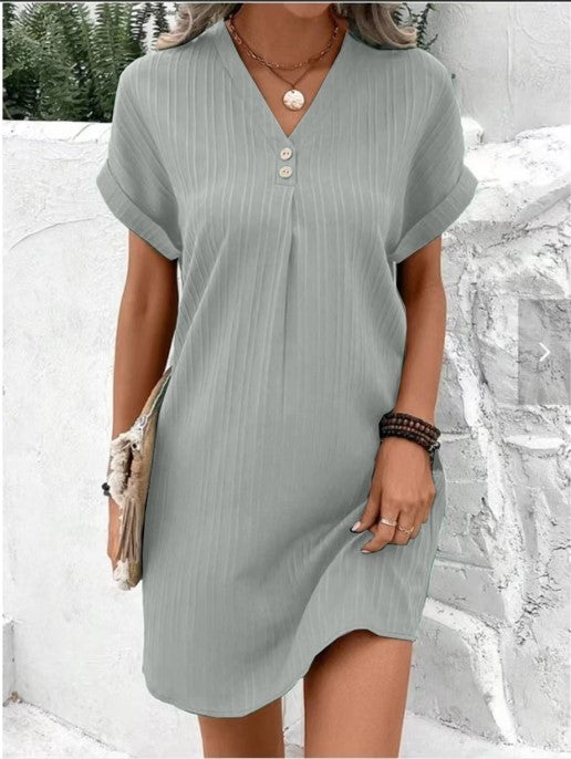 Lyla | Relaxed V-Neck Ribbed Mini Dress With Short Sleeves