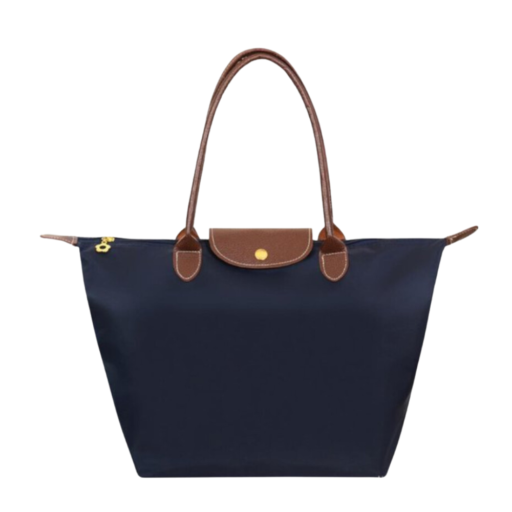 Allegra | Chic Black Tote Bag With Brown Leather Trim