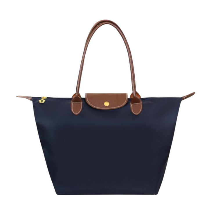 Allegra | Chic Black Tote Bag With Brown Leather Trim