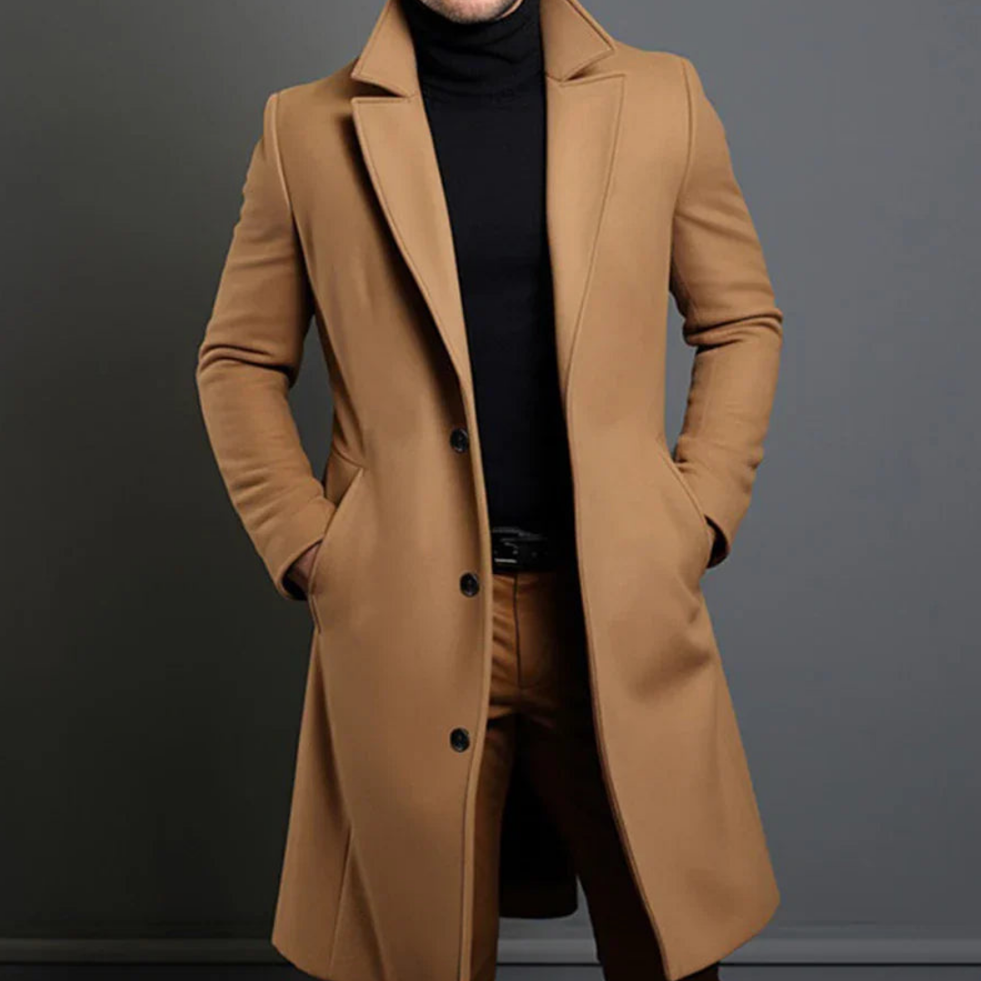 Maximus | Elegant Men's Long Black Wool Overcoat With Lapels